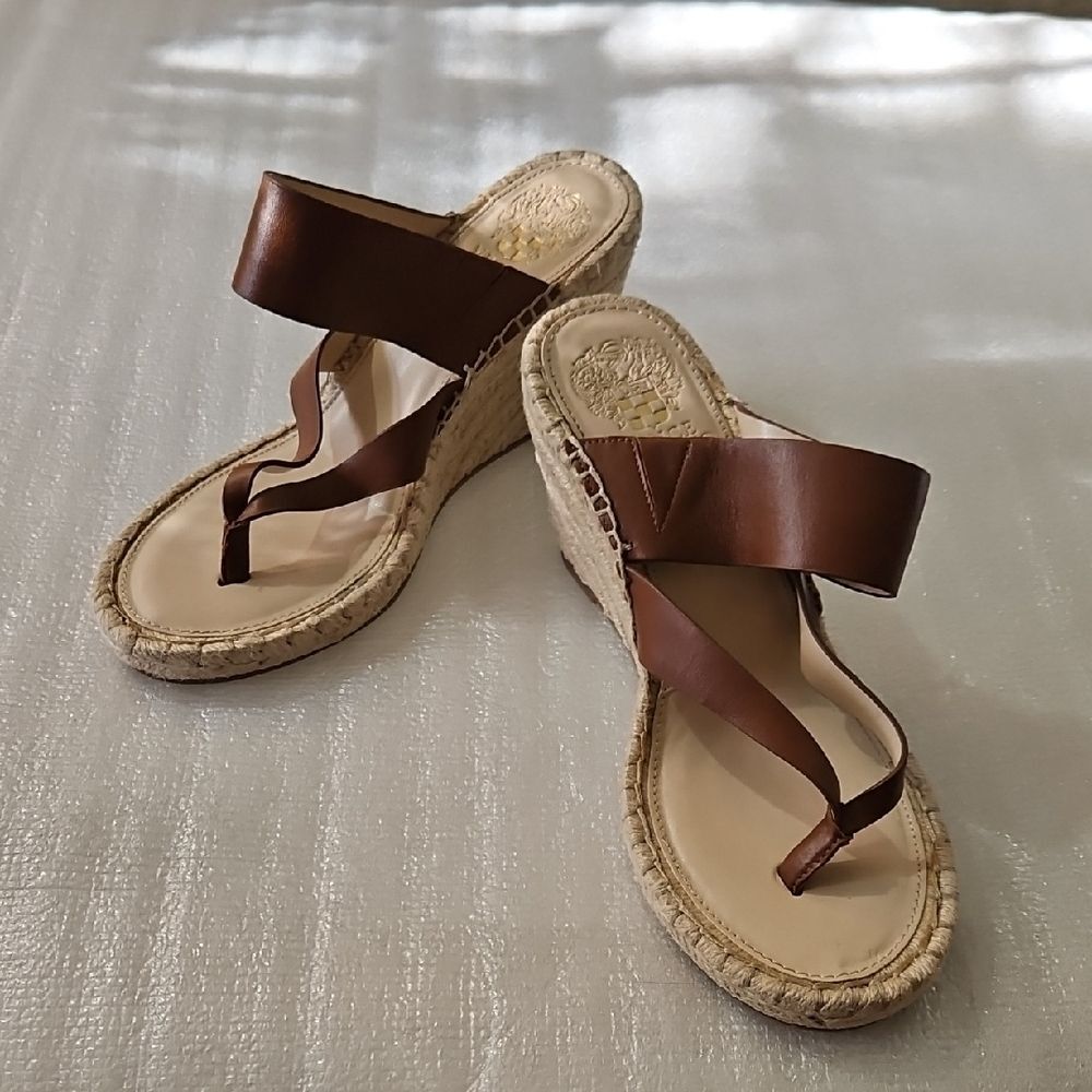 NWOT Vince Camuto Lavanda Brown Leather Espadrille Wedge Sandals 7.5M